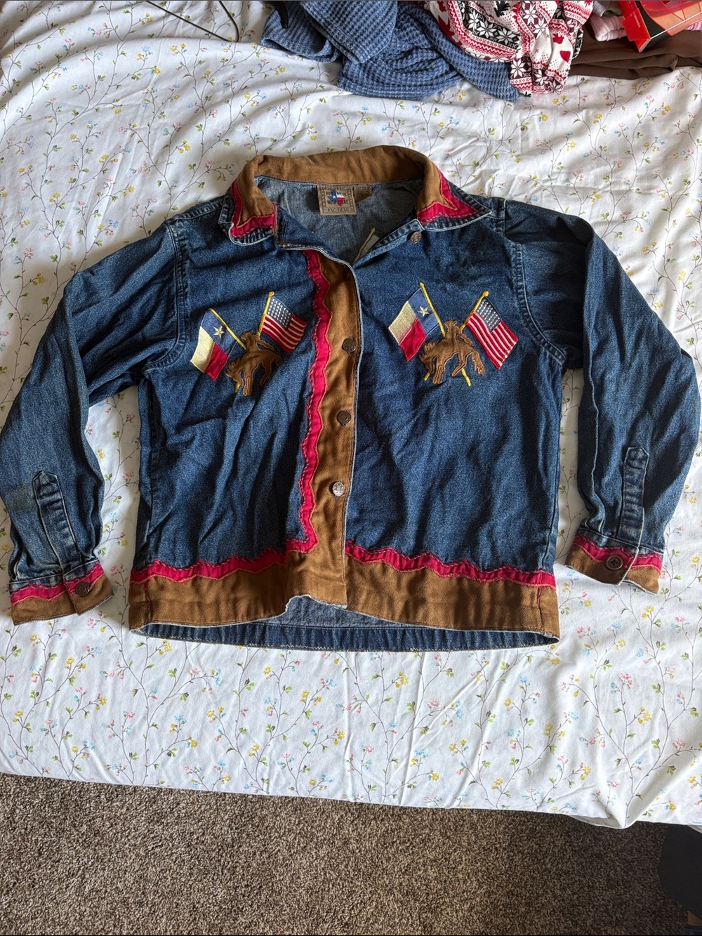 Western Flag Embroidered Denim Jacket with Brown Suede Trim